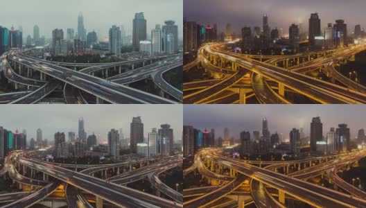 T/L ZO鸟瞰图立交桥和城市交通高峰时间，从白天到晚上/上海，中国高清在线视频素材下载