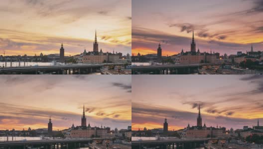 斯德哥尔摩,瑞典。夏日夜晚的斯德哥尔摩天际线风景。著名的热门目的地在日落灯光。里达霍尔姆教堂，地铁。白天到夜晚的过渡时间流逝。FullHD高清在线视频素材下载