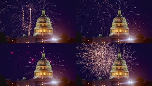 7月4日美国独立日，神秘的夜空与满月的美国华盛顿特区国会大厦与烟花背景高清在线视频素材下载