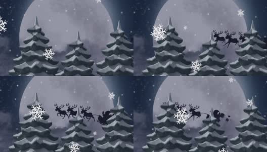 圣诞老人在驯鹿拉雪橇的冬季风景动画高清在线视频素材下载