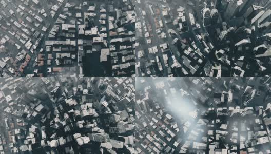 飞机飞过被洪水淹没的城市，无人机俯瞰市中心的摩天大楼高清在线视频素材下载