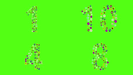 数字1,2,3,4,5,6,7,8,9,10不同的颜色在一个绿色孤立的背景上。出现做变形的装饰元素。三色眼睛,洋甘菊。屏保，关机，假期，婚礼，生日高清在线视频素材下载