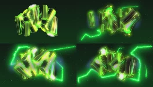 动画发光的绿色闪电闪烁浮动的金色群集在黑色的背景高清在线视频素材下载
