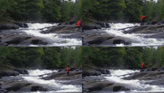 男子徒步在森林，河流和瀑布秋天森林自然，魁北克省，加拿大高清在线视频素材下载