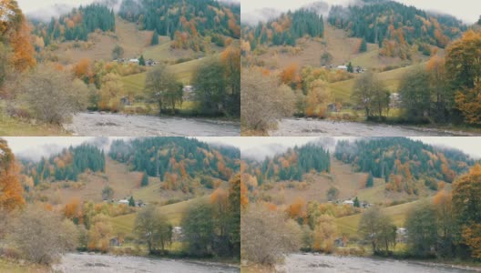 湍急、寒冷的Cheremosh山溪在喀尔巴阡山脉岩石海岸的背景上。Dzembronya山村初秋雾蒙蒙的早晨高清在线视频素材下载