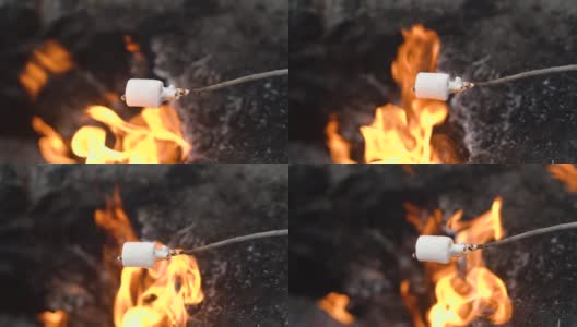 在独特的山火上烤棉花糖高清在线视频素材下载