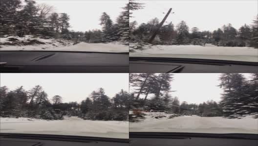 在雪山的森林里开车前进高清在线视频素材下载