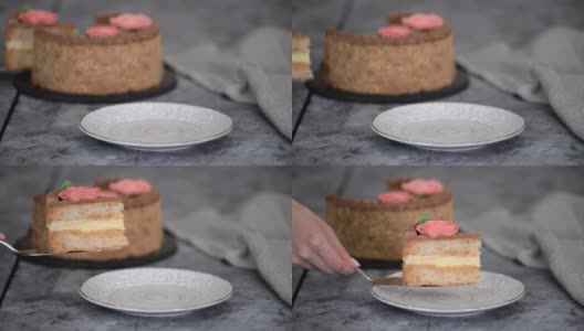 自制基辅蛋糕，奶油和榛子蛋糕高清在线视频素材下载