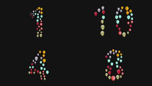 数字1,2,3,4,5,6,7,8,9,10从彩色气球在黑色孤立的背景。出现做变形的装饰元素。屏保，关机，假期，婚礼，生日高清在线视频素材下载