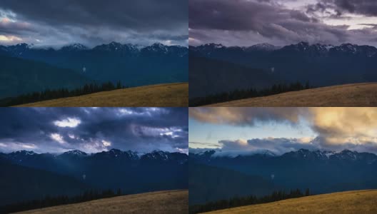 云倾泻在奥林匹克国家公园的山-白天到晚上的时间流逝高清在线视频素材下载