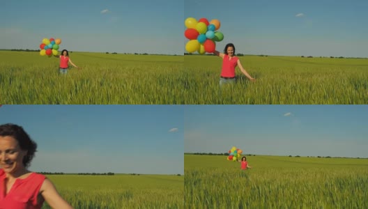 在田野里拿着气球的女孩高清在线视频素材下载