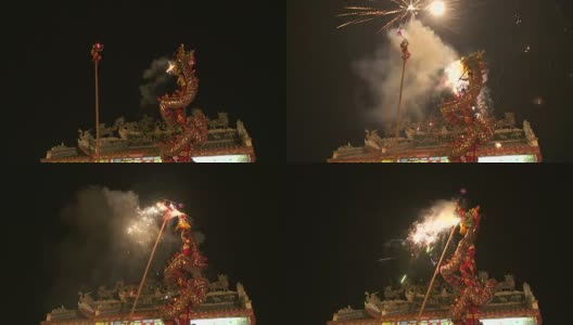 在中国农历新年的晚上，舞龙和烟花表演。高清在线视频素材下载