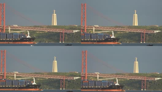货船在桥下。15.05.2018葡萄牙里斯本高清在线视频素材下载