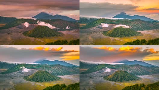 4K时间推移电影日出景象的Bromo山，塞默鲁，Batok和Widodaren，腾格里火山口高清在线视频素材下载