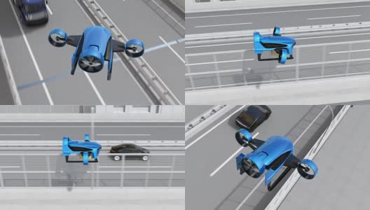 蓝色垂直起降无人机飞越高速公路递送包裹高清在线视频素材下载