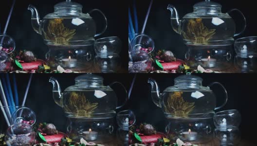 4k经典玻璃壶与花绿茶高清在线视频素材下载