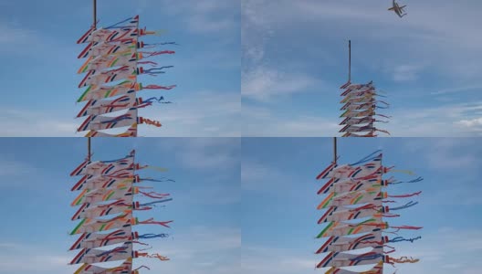孩子们玩的火箭，用泡沫做的，绑在竹子上迎风飞行。高清在线视频素材下载