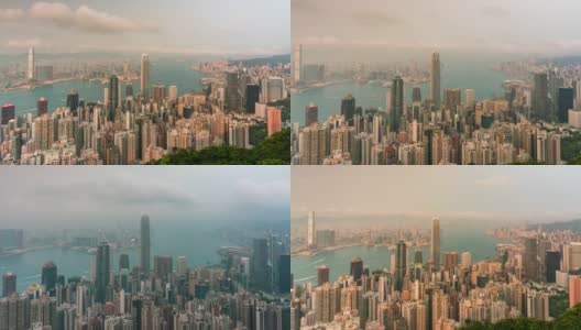 从白天到晚上，从空中俯瞰中国香港维多利亚港的市区交通高清在线视频素材下载