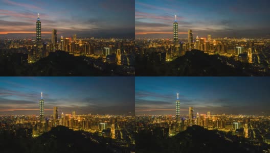 从白天到晚上的延时鸟瞰商务区在台北市，台湾高清在线视频素材下载