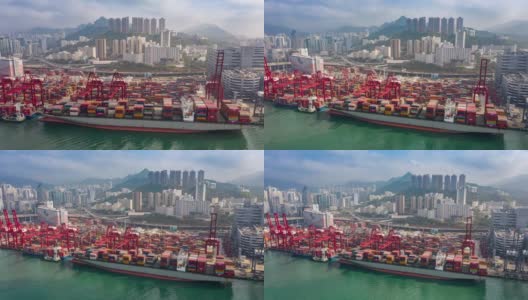 4K延时或超延时:鸟瞰图:货柜船在码头商业港口或货柜仓库，香港城市景观的商业物流，进出口，航运或运输高清在线视频素材下载