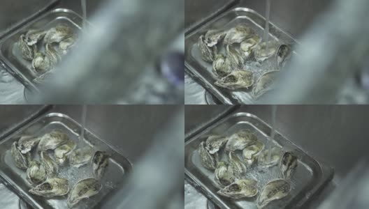 水流入厨房金属水槽中的牡蛎盘高清在线视频素材下载