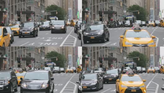 纽约曼哈顿每日高峰时段的交通状况。卡车，出租车，公共交通，出租车在后台高清在线视频素材下载