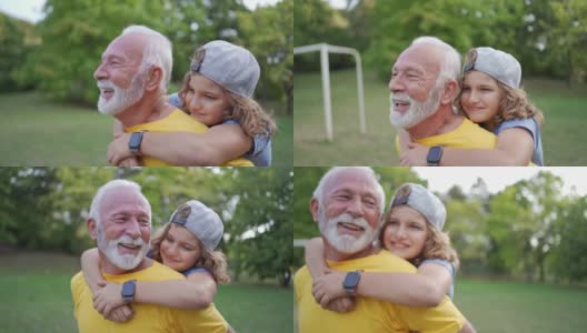 快乐的爷爷，和他的孙子有这么多的乐趣和快乐，在背背的时候，他们有一些自然的体育活动高清在线视频素材下载