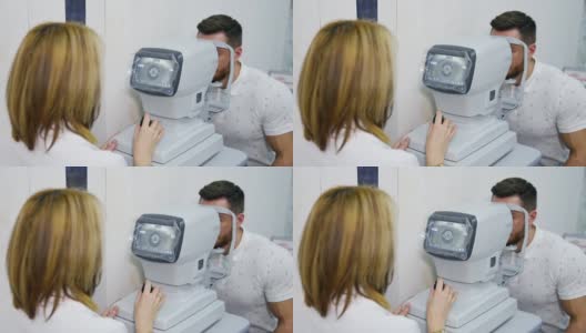眼科医生在眼科诊所工作。女专家使用眼睛生物显微镜检查成年男子的视力。高清在线视频素材下载