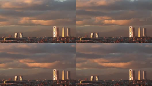 马德里的日落，太阳在摩天大楼中反射的时间流逝高清在线视频素材下载