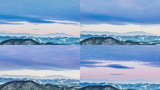 山峰上的雪被风吹走了。冬天的风景。天很冷，下着雪。高清在线视频素材下载