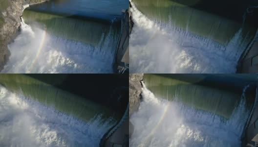 惊险的大坝瀑布彩虹慢镜头天线高清在线视频素材下载