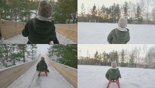 冬季雪橇男孩的追踪高清在线视频素材下载