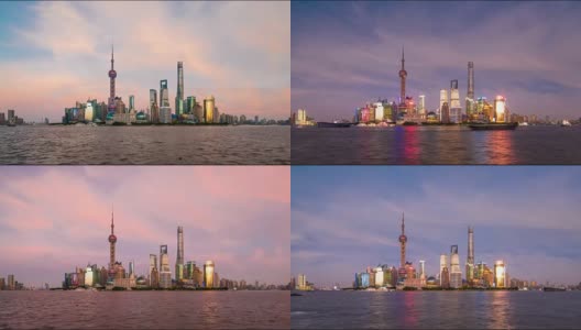 时间流逝:夕阳下的4K上海天际线。高清在线视频素材下载