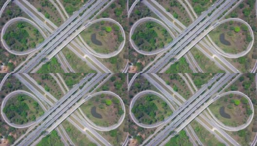 鸟瞰图高速公路俯视图，高速公路和高速公路的详细交叉口高清在线视频素材下载