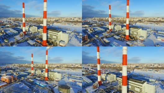冬天的早晨，火电厂上空耸立着高塔高清在线视频素材下载