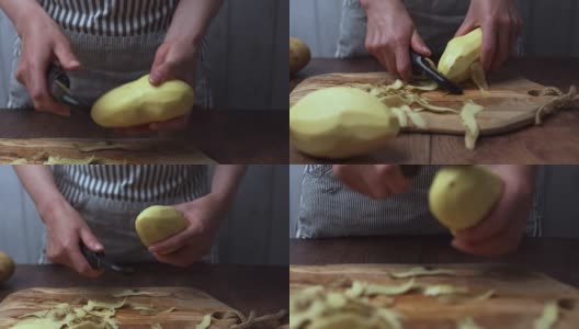 一个女人用菜刀削大土豆的手的特写。准备土豆的概念。高清在线视频素材下载