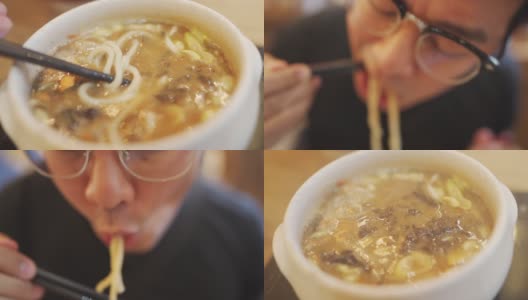 慢镜头亚洲男子吃日本拉面高清在线视频素材下载