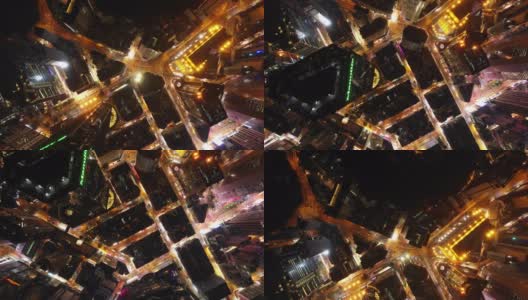 夜间灯光照亮香港市景，市中心交通街道俯视图，4k高清在线视频素材下载