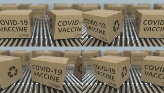 传送带上装有COVID-19冠状病毒疫苗的盒子高清在线视频素材下载