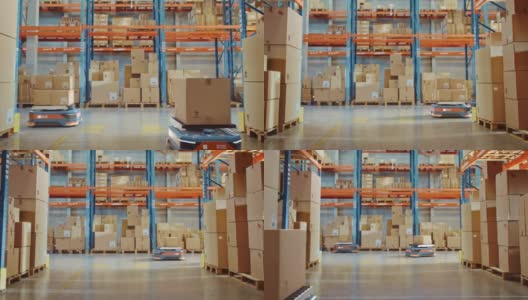 未来技术3D概念:自动化现代零售仓库AGV机器人运输纸箱配送物流中心。自动引导车辆运送货物，产品，包裹高清在线视频素材下载