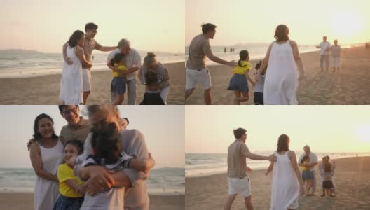 4K多代亚洲家庭在夏日日落的海滩上一起放松和玩耍高清在线视频素材下载