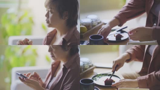 亚洲华人女子在客厅切雪皮月饼，享用中国传统节日甜点的下午茶高清在线视频素材下载