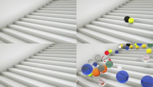 3D动画中很多五颜六色的小球从白色的楼梯上掉下来。传送带上升，小球向下滚动。抽象的3 d动画。高清在线视频素材下载