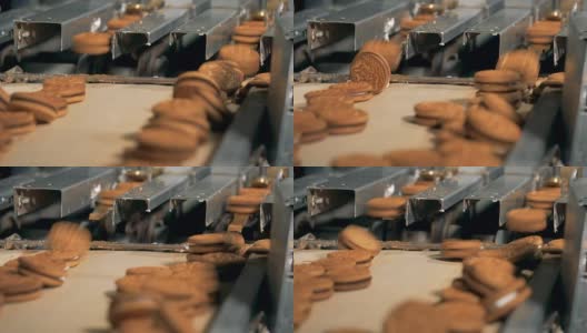 饼干是从工厂的装配线上生产出来的。4 k。高清在线视频素材下载