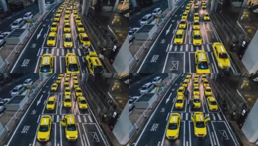 T/L TD晚上在机场出口处繁忙的黄色出租车排队高清在线视频素材下载