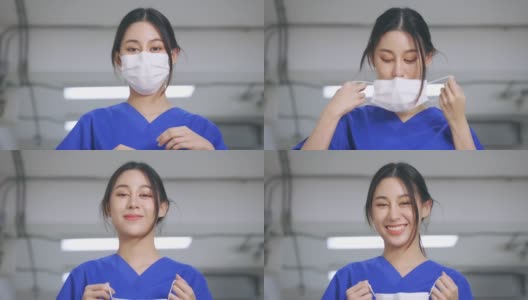快乐的年轻医生摘除外科口罩高清在线视频素材下载