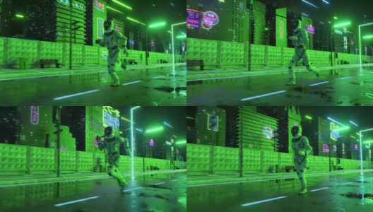 一名宇航员在霓虹灯闪烁的城市里奔跑。80年代的背景。复古的风格。未来的概念。3D动画无缝循环高清在线视频素材下载