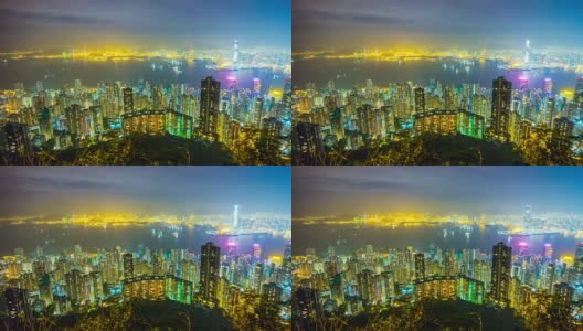 中国明亮的夜晚著名的香港山顶城市全景4k时间的推移高清在线视频素材下载