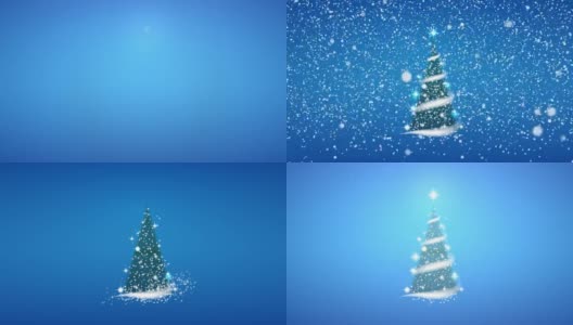 圣诞树，暴风雪，星星，雪花，蓝色背景为新年项目。高清在线视频素材下载