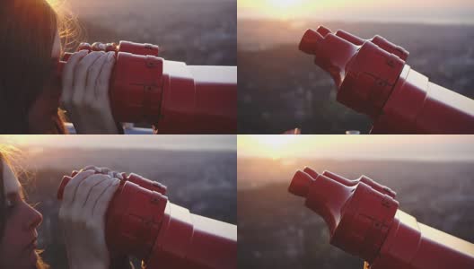 游客看城市通过投币双筒望远镜在日落，近距离的侧面镜头高清在线视频素材下载